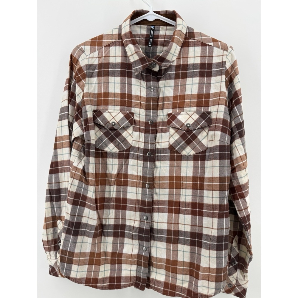 Kuhl Tess Shirt Womens Medium Brown Plaid Flannel Long Sleeve Snap Front Outdoor